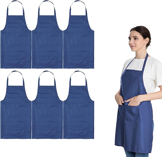 Total 6PCS Blue Bib Apron Adult with 2 Pockets for Women Men Chef Cooking Kitchen (6, Deep Blue)