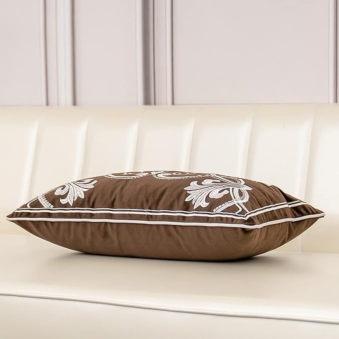 Aeckself European Floral Pillow Cover 12x20 Inch, Luxury Velvet Embroidered Decorative Lumbar Throw Pillow Cover for Couch Bedroom Living Room, Brown and White