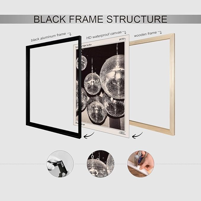 70s Disco Ball Newspaper Wall Art Vintage Black and White Art Posters 12x16 inch Black Framed Funky Aesthetic Canvas Prints Retro Bar Cart Decor for Bar Bedroom