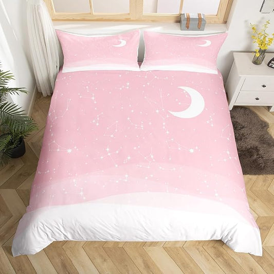 Pink Gradient Duvet Cover Constellation Bedding Set Starry Sky Galaxy Comforter Cover for Boys Girls Kids Room Decor Cute Girly Lightweight Bedspread Cover Twin Size with 1 Pillow Case(No Comforter)