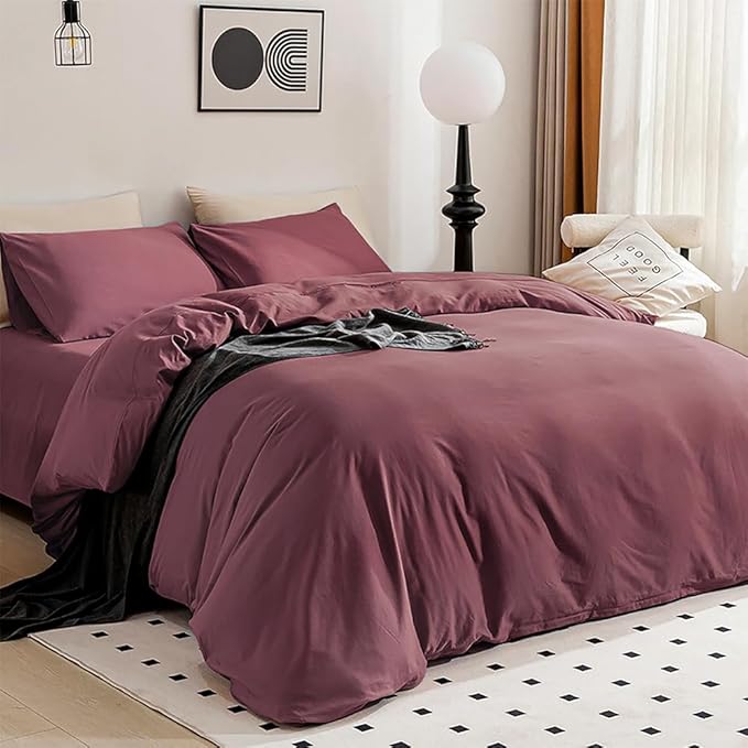 JELLYMONI Plum Duvet Cover King Size - 100% Washed Cotton Linen Like Textured Comforter Cover, 3 Pieces Lightweight Soft Bedding Set with Zipper Closure (Plum, 104"x90")