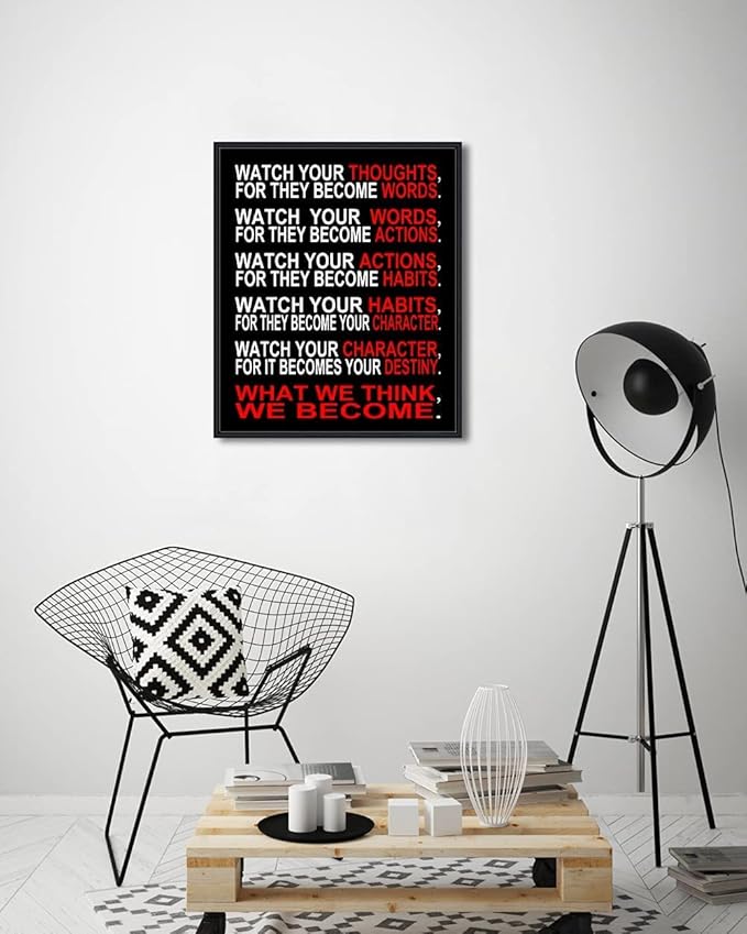 Pyradecor Black Framed Canvas Wall Art Watch Your Thoughts Motivational Classroom Poster Canvas Prints for Office Living Room Home Decorations