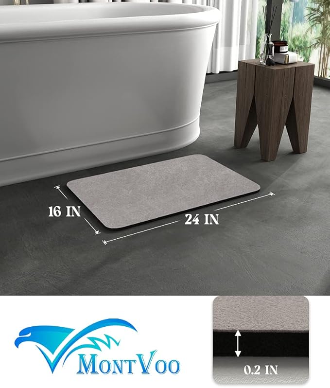 MontVoo -Bath Mat-Rubber Backing Non SlipThin Bathroom Rugs Fit Under Door- Quick Dry Absorbent Faux Suede Surface Grey Bathroom Floor Mats-Shower Rug for in Front of Bathtub Shower Gray 16x24