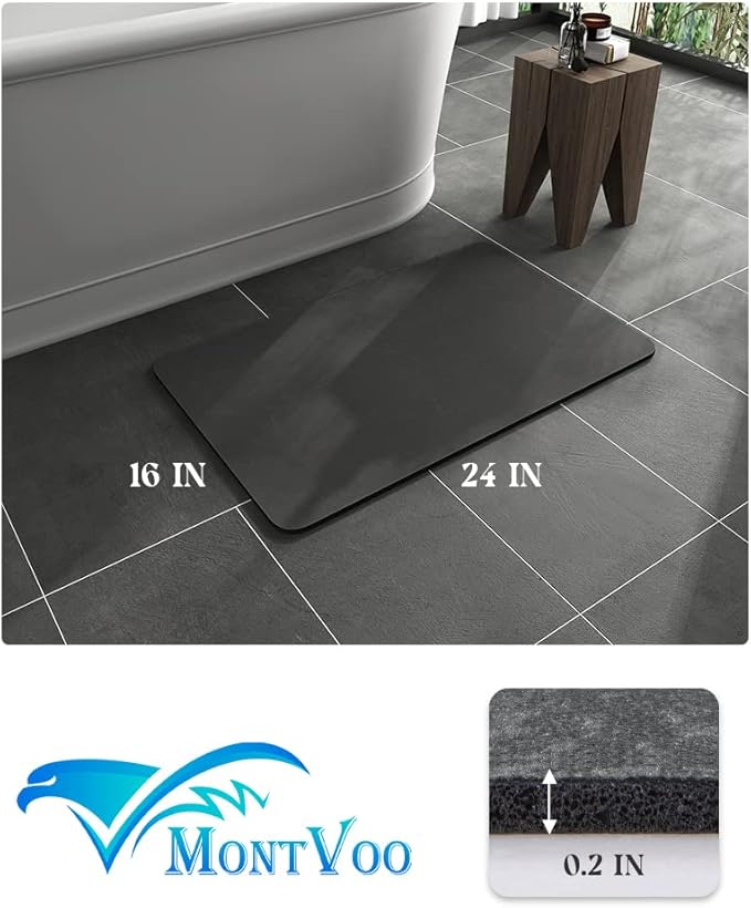 MontVoo -Bath Mat Rug-Rubber Backing Non Slip Quick Dry Absorbent Thin Bathroom Rugs Fit Under Door-Faux Suede Surface Bathroom Floor Mats-Shower Rug for in Front of Bathtub Shower Dark Grey 16"x24"