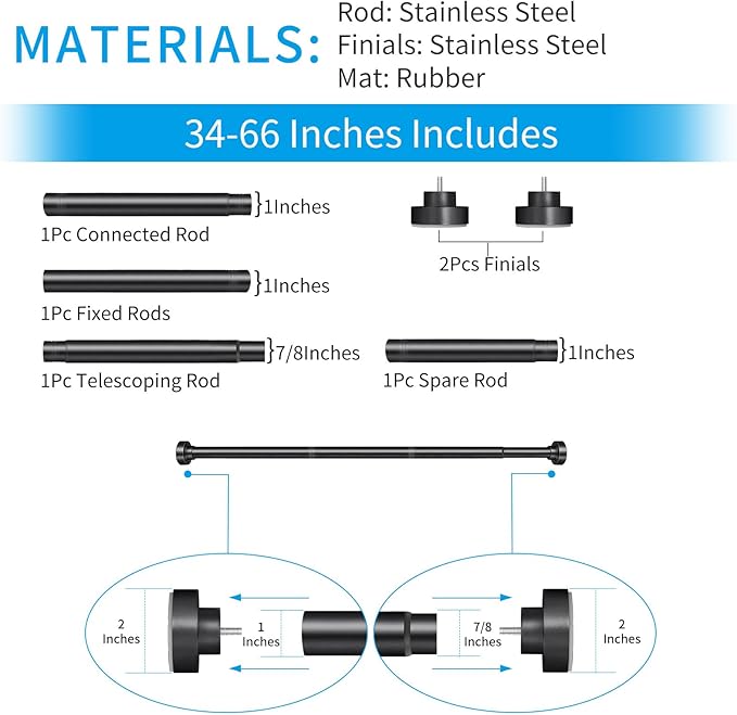 YNL Tension Shower Curtain Rod 34-66 Inch, Adjustable Spring Tension Curtain Rod No Drilling, Non-Slip, Never Rust, Stainless Steel, for Small Window Laundry Door Entryway, Matte Black