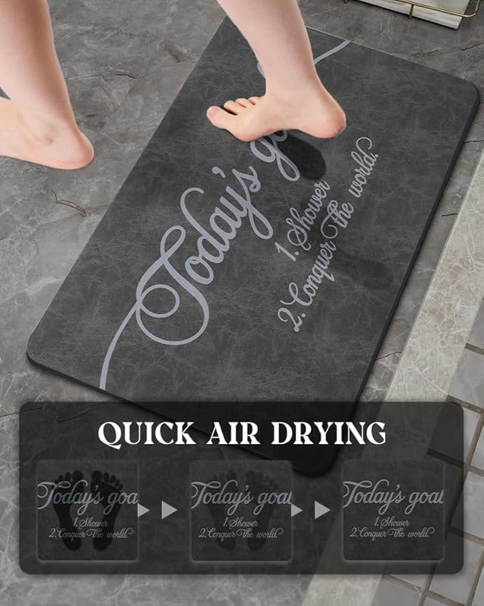 MontVoo -Bath Mat Rug- Non Slip Quick Dry Absorbent Thin Bathroom Rugs Fit Under Door-Faux Suede Surface Bathroom Floor Mats-Shower Rug for in Front of Bathtub Shower 17 X27.5 Dark Grey Text Pattern