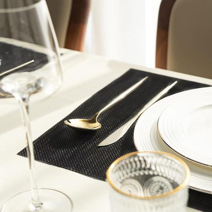 Placemats Set of 12 Vinyl/Plastic Woven Place Mats for Kitchen Table Indoor/Outdoor Washable Placemat Wipeable Dining Table Mats (Full Black,12)