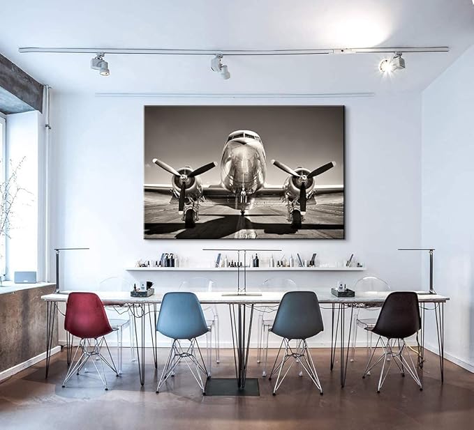 Vintage Douglas DC-3 Airplane Poster - Black and White Propeller Wall Art - Twin Engine Aviation Gifts for Home Office Decor - Easy to Hang (28"Hx40"W)
