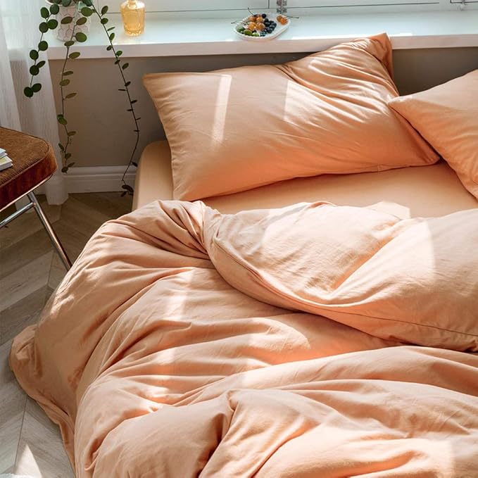 AMWAN Peach Pink Color Twin XL Duvet Cover Soft Jersey Knit Cotton Duvet Cover Boho Orange Bedding Sets Solid Color Comforter Cover Luxury Soft T-Shirt Cotton Duvet Cover with Zipper Ties