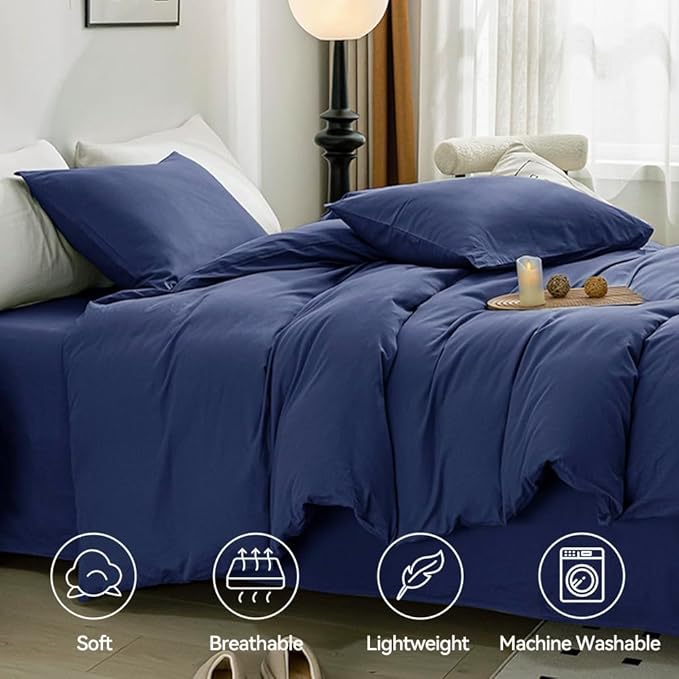 JELLYMONI Cotton Duvet Cover California King - 100% Washed Cotton Linen Feel Textured Comforter Cover, 3 Pieces Soft Bedding Set with Zipper Closure (Navy Blue, Cal King 104"x98")