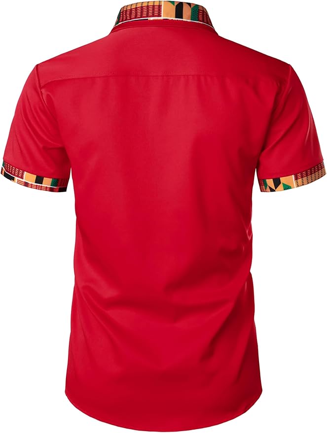 ZEROYAA Men's African Printed Patchwork Design Short Sleeve Button up Shirt