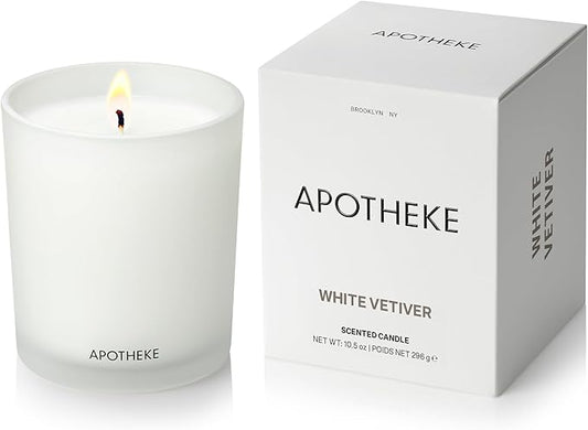 Apotheke Signature Scented Candles for Home, White Vetiver - 10.5 oz - Soy Wax, Non Toxic, Large Jar White - Luxury Candle Gifts for Women & Men - Sandalwood, Eucalyptus, and Vetiver