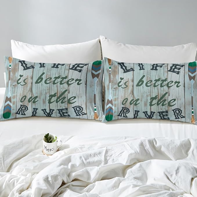 Castle Fairy Lake Life Bedding Set King Size for Woman Men,Life is Better On The River Comforter Cover with 2 Pillowcases,Paddle Print Retro Wooden Board Duvet Cover Set Microfiber Quilt Cover