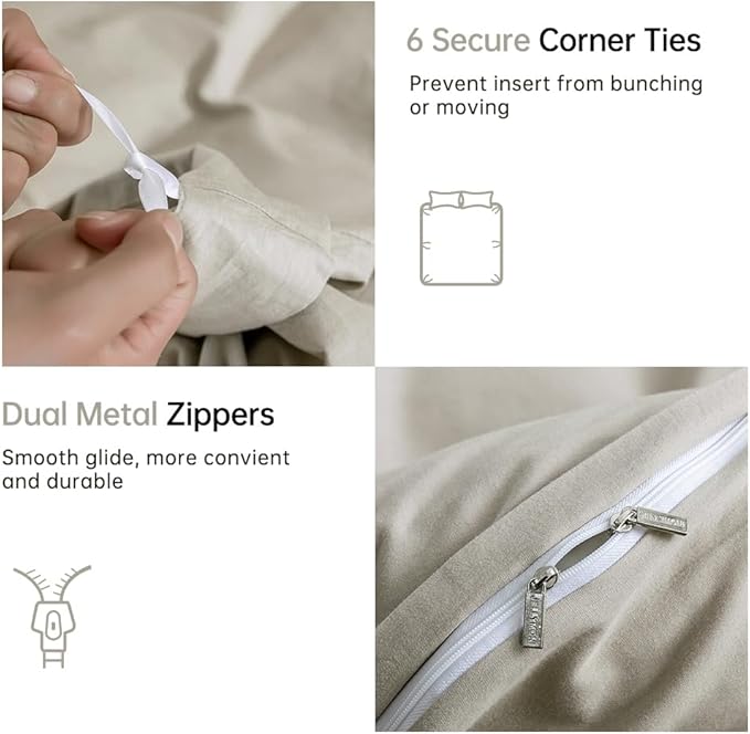 JELLYMONI Cotton Duvet Cover Queen Size - 100% Washed Cotton Comforter Cover, 3 Pieces Breathable Soft Bedding Set with Zipper Closure (Linen Grey, Queen 90"x90")