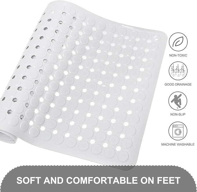 Bath Mat for Tub & Shower, Non Slip Soft Bathmat with Suction Cups & Drain Holes, Machine Washable Bathtub Floor Liner Mats for Bathroom, 35x16 Inch, White