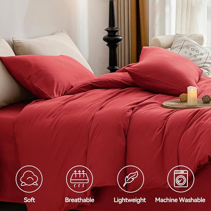 JELLYMONI Red Duvet Cover King Size - 100% Washed Cotton Linen Like Textured Comforter Cover, 3 Pieces Breathable Soft Bedding Set with Zipper Closure (Red, King 104"x90")