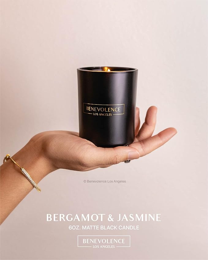 Benevolence LA Clearance Candles Bergamot & Jasmine Scented Candle | Soy Black Candle for Home | Gifts for Women and Men | Home Fragrance | Aromatherapy | 6oz