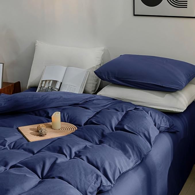 JELLYMONI Cotton Duvet Cover Full Size - 100% Washed Cotton Linen Like Textured Comforter Cover, 3 Pieces Breathable Soft Bedding Set with Zipper Closure (Navy Blue, Full 80"x90")