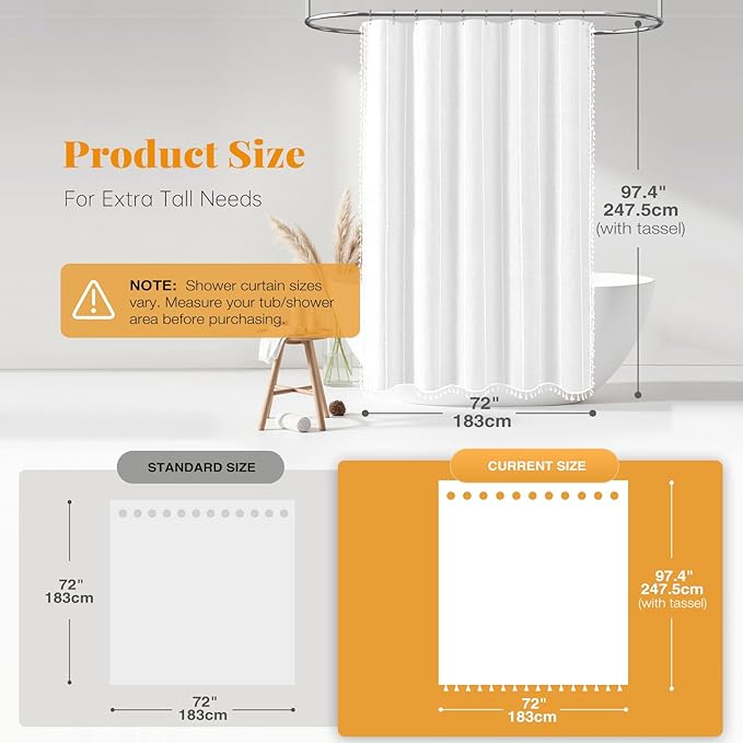 BTTN Extra Long Shower Curtain, 72x96 Inch Long Boho Chic Linen Fabric Weighted Shower Curtain Set with Plastic Hooks, Tall Modern Farmhouse Aesthetic Tassel Cloth Shower Curtain for Bathroom - White