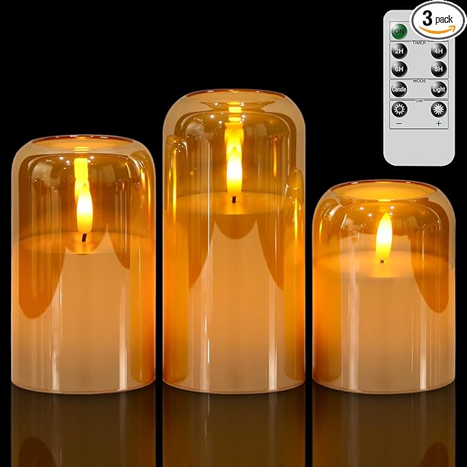 GenSwin Glass Gold Flameless Candles with Remote Timer, Battery Operated Candles with Flickering Flame, Glass and Real Wax LED Pillar Candle for Halloween Christmas Home Decor(Set of 3, D3”x4”5”6”)