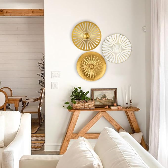 Briful 12" Wall Décor Pack of 3 Metal Gold & White Washed Starbursts Radial Plate Wall Art Modern Accent Hanging Wall Decorations For Home Office Bedroom Or Living Room Wall Sculptures