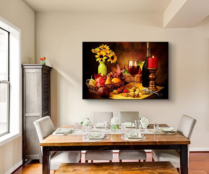 Sunflower Wall Art Wine Kitchen Decor Fruits Basket Poster Food Art Fruit Canvas for Dining Room Kitchen Bar Ready to Hang (28''H x 40''W)