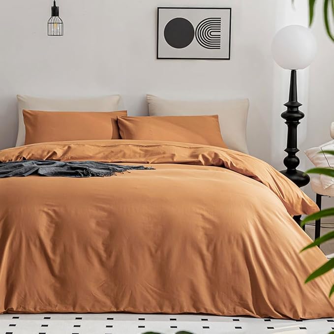 JELLYMONI Cotton Duvet Cover Twin Size - 100% Washed Cotton Linen Feel Textured Comforter Cover, 2 Pieces Breathable Soft Bedding Set with Zipper Closure (Burnt Orange, Twin 68"×90")