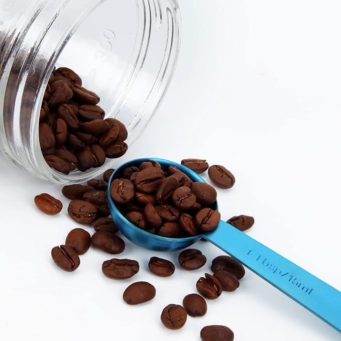 Measuring Spoons, SUS304 Stainless Steel Measuring Cups Set of 7 Piece： 1Tbsp&1/2Tbsp,1tsp,3/4tsp,1/2tsp,1/4tsp,1/8tsp Teaspoon Coffee Scoop Tablespoon for Dry and Liquid Ingredients, Blue