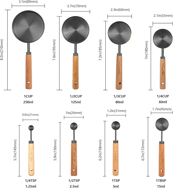Measuring Cups and Spoons Set with Fragrant Wood Handles, 8 Piece Measuring Spoons and Measuring Cups Set,Precision Measuring Cup Set for the Kitchen Enthusiast(Black)