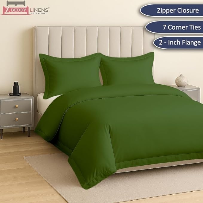 eBeddy Linens Moss Duvet Cover Set Super Queen 98x90 Size 800 TC Certified Egyptian Cotton Luxury Soft & Breathable Comforter Cover and 2 Pillow Sham with Zipper Closer & Corner Ties