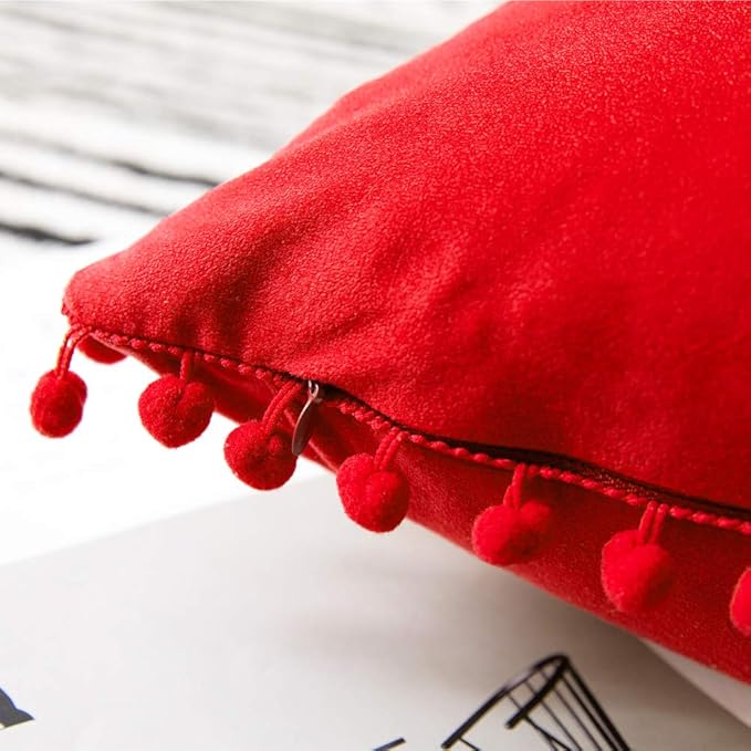 DEZENE Throw Pillow Covers 12x20 Red: 2 Pack Cozy Soft Pom-poms Velvet Rectangular Decorative Pillow Cases for Farmhouse Home Decor