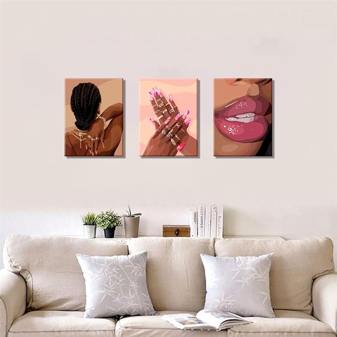Black Girl Pink Wall Art Set of 3 African American Black Women Canvas Posters Fashion Black Girl Wall Decor Pictures Prints for Home Living Room Bedroom Bathroom Decoration 12x16 Inch Framed