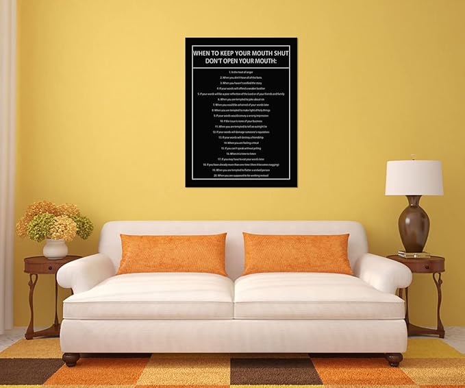 When to Keep Your Mouth Shut Don't Open Your Mouth Inspirational Canvas Wall Art Motivational Poster Life Learning Quote Picture Home Office Decor Painting Framed and Stretched[30''W x 40''H]