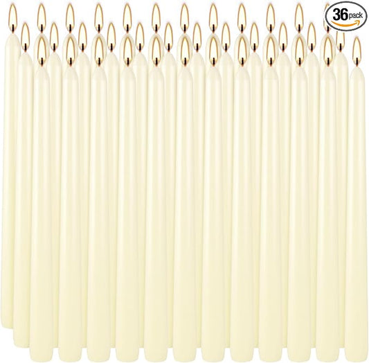 36 Pack Ivory White Taper Candles, 7-8 Hours Burn Time, Unscented, Smokeless and Dripless, 0.8 x 10 Inch Dinner Candle Set for Household, Wedding, Party and Home Décor Candlesticks