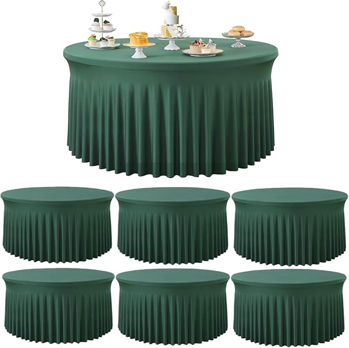 Outpain 6 Pack Spandex Hunter Green Round Tablecloths for 60in Tables, 120Inch Stretchy Fitted 5FT Round Table Clothes,Wrinkle Free Table Cover with Skirt for Wedding Party Dining Banquet