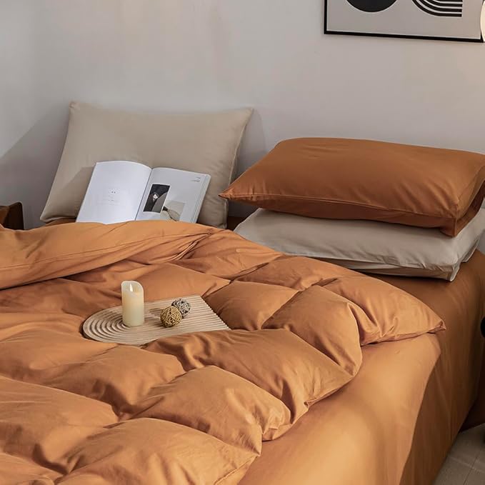 JELLYMONI Cotton Duvet Cover King Size - 100% Washed Cotton Linen Like Textured Comforter Cover, 3 Pieces Breathable Soft Bedding Set with Zipper Closure (Burnt Orange, King 104"x90")