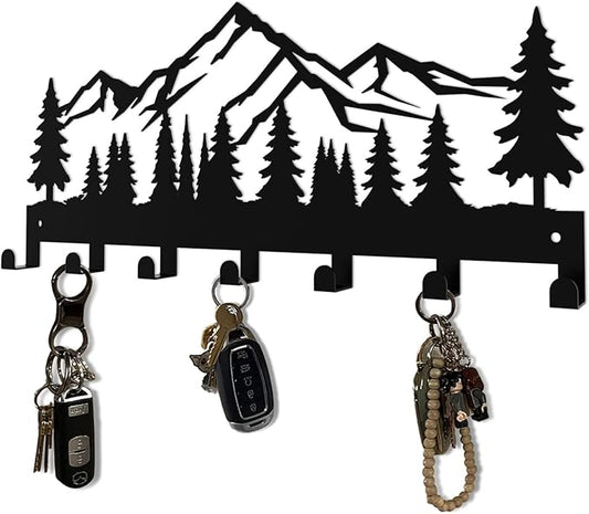 Key Holder Wall Mounted Key Hooks, Black Metal Key Rack Hooks, Little Grove, Mountain Theme Wall Decoration Hooks, with 7 Hooks, Applicable to Front Doors, Lobby,Corridor, Offices (12 ")