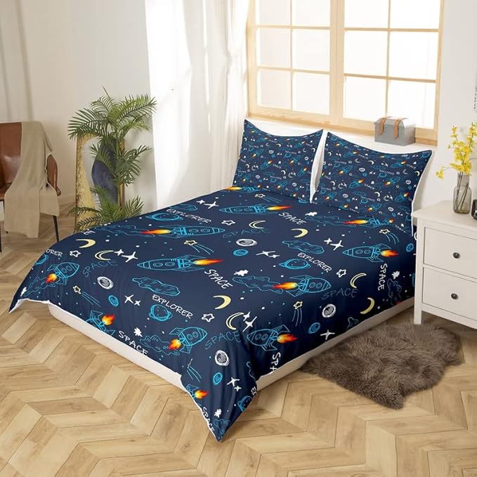 Feelyou Outer Space Duvet Cover Set Universe Galaxy Comforter Cover for Kids Boys Girls Star Moon Bedding Set 1 Duvet Cover & 2 Pillowcases