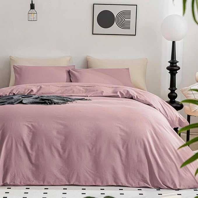 JELLYMONI Cotton Duvet Cover California King - 100% Washed Cotton Linen Like Textured Comforter Cover, 3 Pieces Cozy Soft Bedding Set with Zipper Closure (Dusty Pink, Cal King 104"x98")