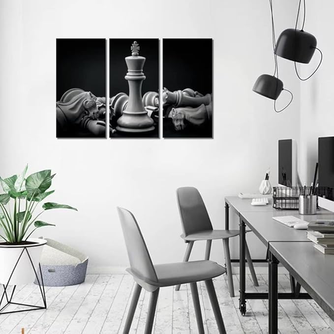 King and Knight of Chess Setup on Canvas Wall Art Paintings Pictures Prints Poster Artworks for Living Room Game Room Office Wall Decor 3 Piece Blak and White Framed Ready to Hang