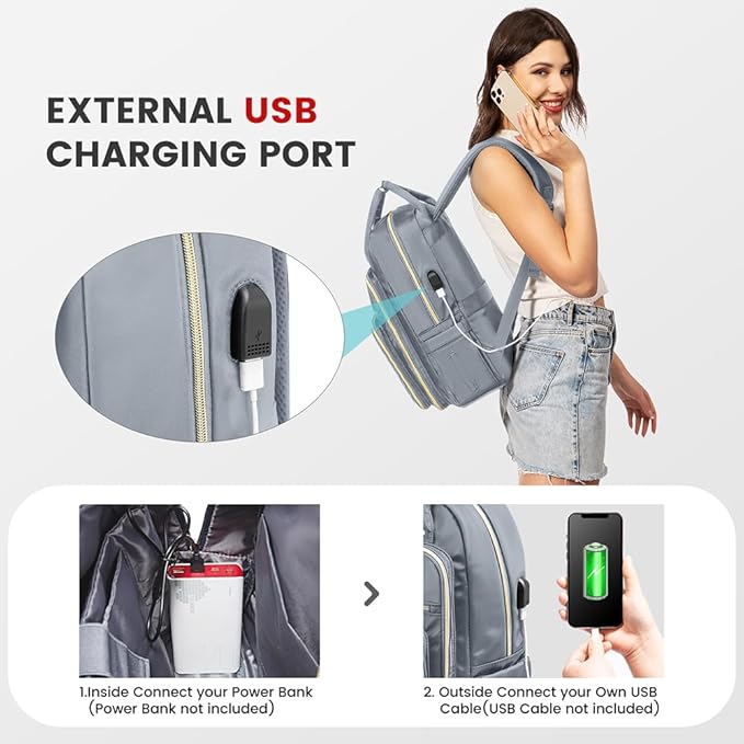 LOVEVOOK Laptop Backpack for Women, Water Resistant Travel Work Backpacks Purse Stylish Business Teacher Nurse Computer Bag with USB Charging Port,Gray