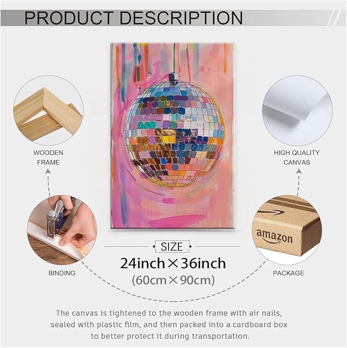 Retro Pink Disco Ball Posters Cool Y2k Aesthetic Canvas Wall Art 24x36 inch Framed Fashion Pink and Orange Disco Ball Painting Prints for Girly Wall Decor