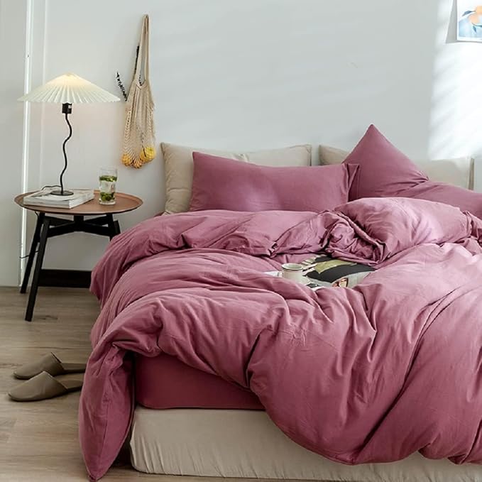 AMWAN Modern Purple Mauve Solid Cotton Duvet Cover with 2 Pillowcases, King Size, Knit Comforter Cover, Luxurious Bedding Set