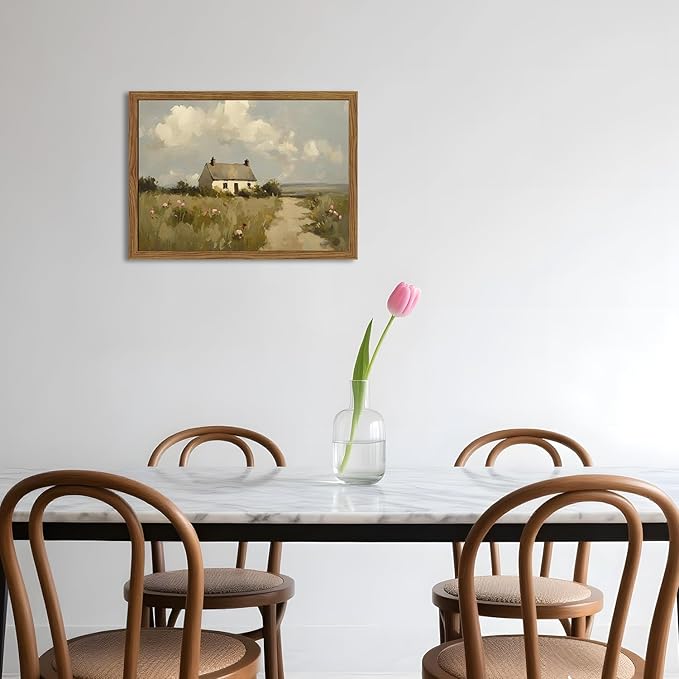 Vintage Farmhouse Wall Art, Country Cottage Wall Decor Paintings, Framed 3D Textured Hand Drawn Sandstone Natural Countryside Landscape Artwork for Bedroom Living Room 12x16 inch Wood Frame