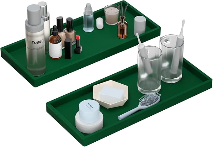 BBK Bathroom Vanity Tray 11.8 in- 2 Pack(Large) Silicone Bathroom Tray for Counter, Perfume Key Trinket Ring Soap Dispenser Countertop Tray for Kitchen Sink Organization (Green)