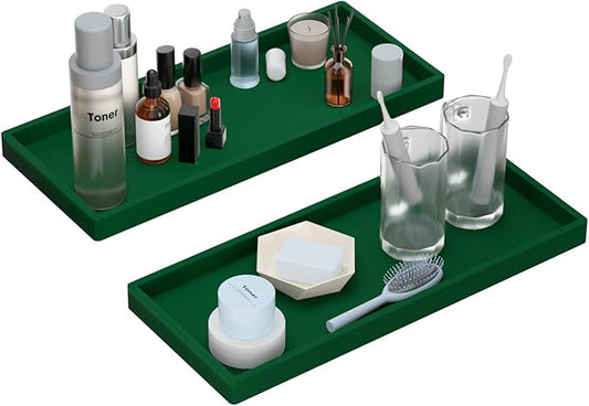 BBK Bathroom Vanity Tray 11.8 in- 2 Pack(Large) Silicone Bathroom Tray for Counter, Perfume Key Trinket Ring Soap Dispenser Countertop Tray for Kitchen Sink Organization (Green)