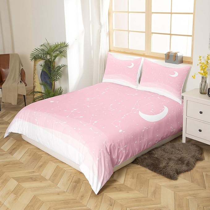 Dreamy Sky Duvet Cover Queen Size Pink Galaxy Comforter Cover with 2 Pillowcase for Teens Adults Kids Constellation Bedding Set Cartoon Grily Kawaii Breathable 3 Pcs Decorative Bed Cover(No Comforter)