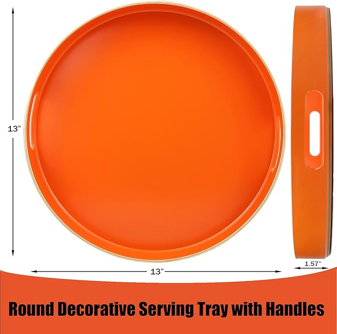 Orange Round Decorative Tray with Handles, 13" Versatile Serving Tray for Coffee Table, Ottoman, Ideal for Serving, Displaying, Organizing