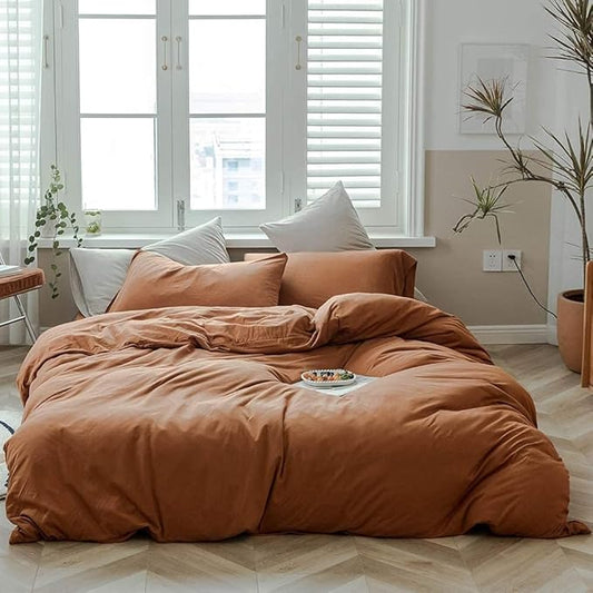 AMWAN Jersey Knit Cotton Duvet Cover Pumpkin Caramel Duvet Cover King Luxury Soft Knit Cotton Comforter Cover Rust Color Terracotta Bedding Sets 1 Pumpkin Color King Duvet Cover with 2 Pillow Shams
