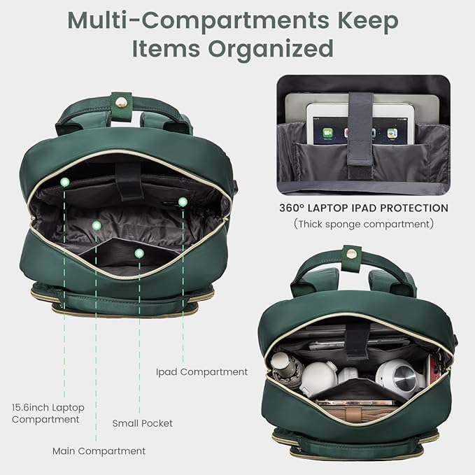 LOVEVOOK 15.6 Inch Laptop Backpack for Women,Fashion Work Travel Backpack,Waterproof Day Pack Purse for Teacher Nurse Dark Green